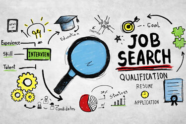 Job Search infographic drawing featuring a black magnifying glass with blue glass surrounded by icons of a graduation cap, gears, target with arrow, pie chart.