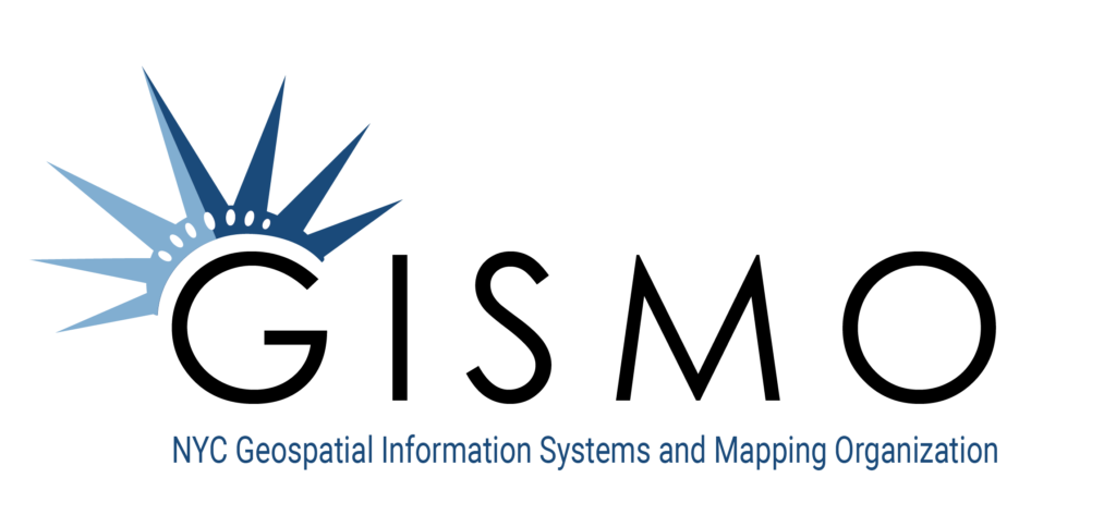 GISMO in black letters with a blue Statue of Liberty crown on the G and the words NYc Geospatial Information Systems and Mapping Organization in blue across the bottom