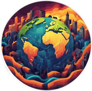 Blue globe of the earth surrounded by blue and orange shapes depicting a city on top and undulating shapes below.